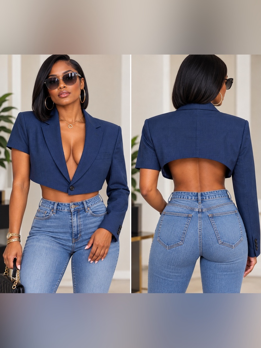Upcycled Navy Cropped one sleeve long one short Single-Button Blazer size XL